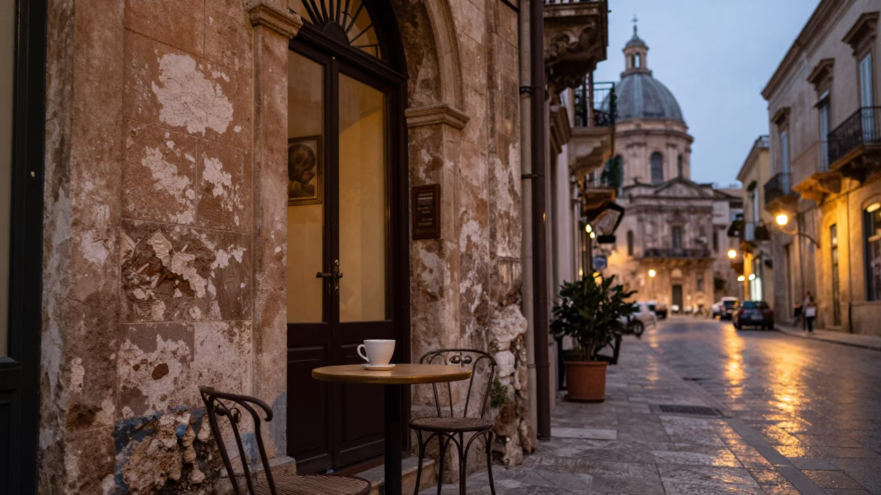Palermo Street Scene at Dusk with Ceramic Cup and Local Architecture in in Palermo, Italy
