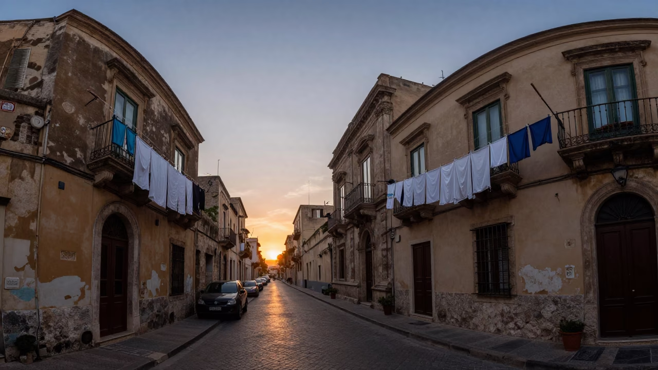 Palermo Street Scene at Dusk with Laundry and Urban Life in in Palermo, Italy