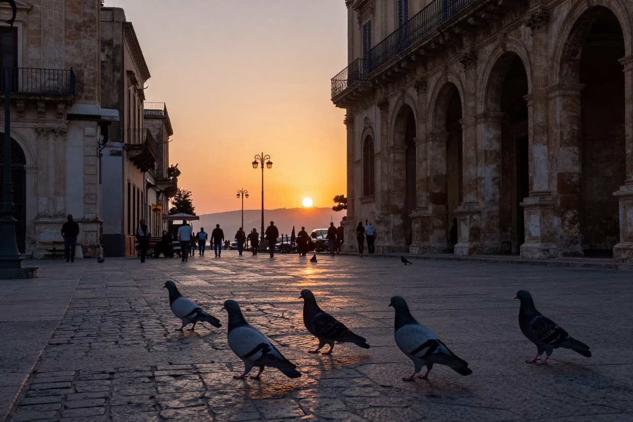 Palermo Street Scene at Dusk with Pigeons and Traditional Architecture in in Palermo, Italy