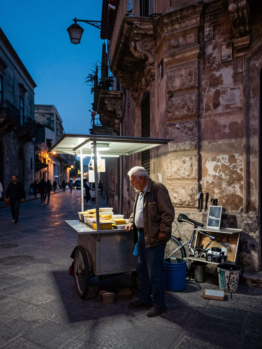 Palermo Street Scene at Indigo Twilight with Ladle and Wicker Shadow in in Palermo, Italy