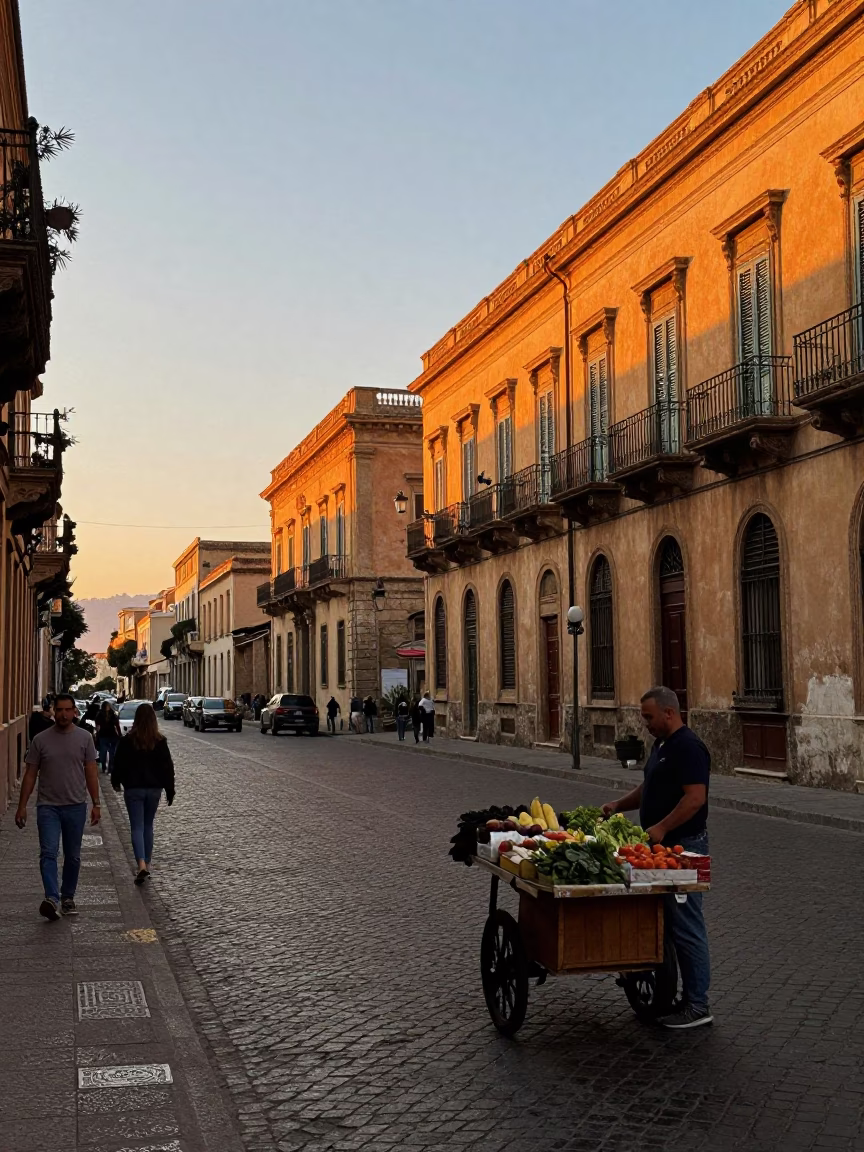 Palermo Street Scene at Sunset Light in in Palermo, Italy
