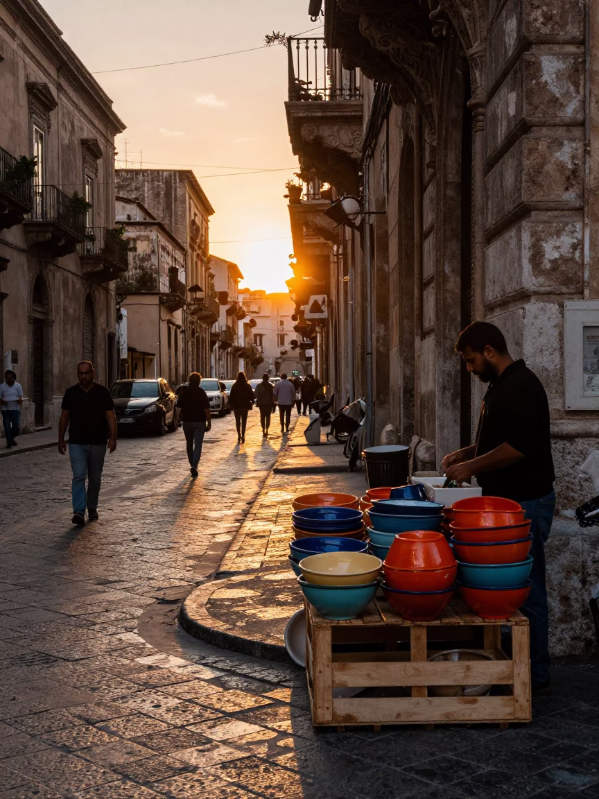 Palermo Street Scene at Sunset Light in in Palermo, Italy