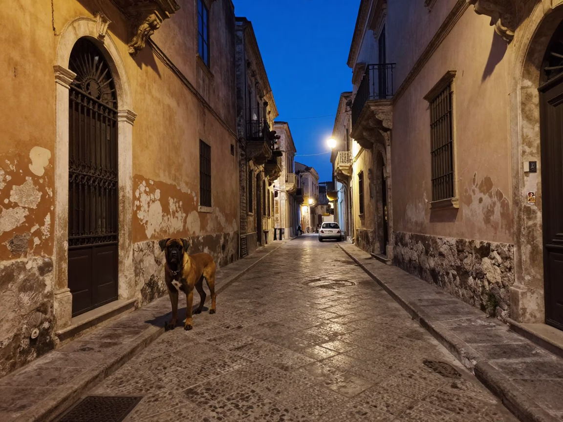 Palermo Street Scene at The Last Blue Light Of Evening in in Palermo, Italy
