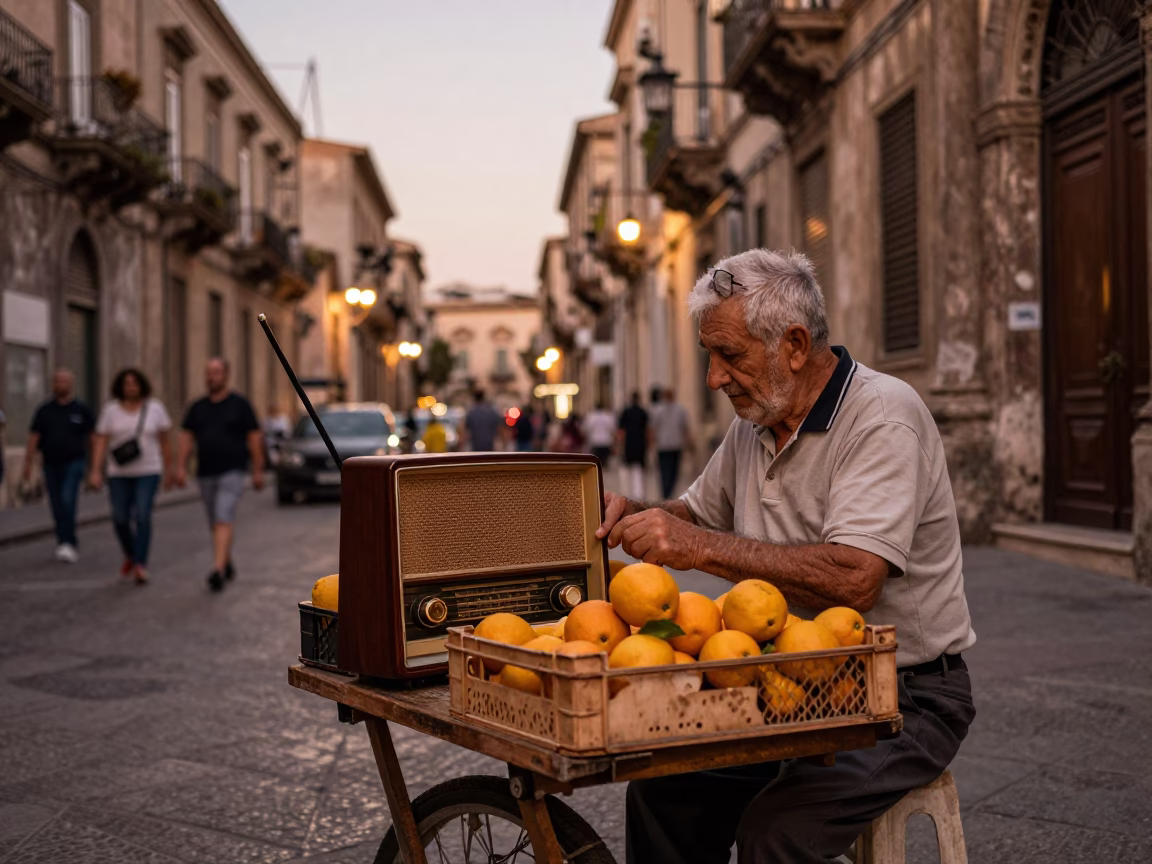 Palermo Street Scene Before Dusk with Vintage Radio and Ivy Brick Wall in in Palermo, Italy