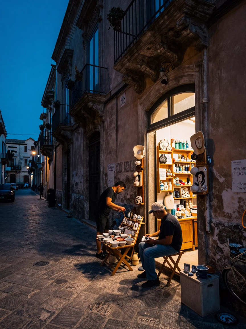 Palermo Street Scene in Indigo Twilight with Local Shopkeeper and Folding Stools in in Palermo, Italy