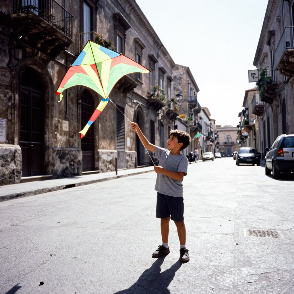 Palermo Street Scene with Boy Holding Homemade Kite in Bright Midmorning Light in in Palermo, Italy