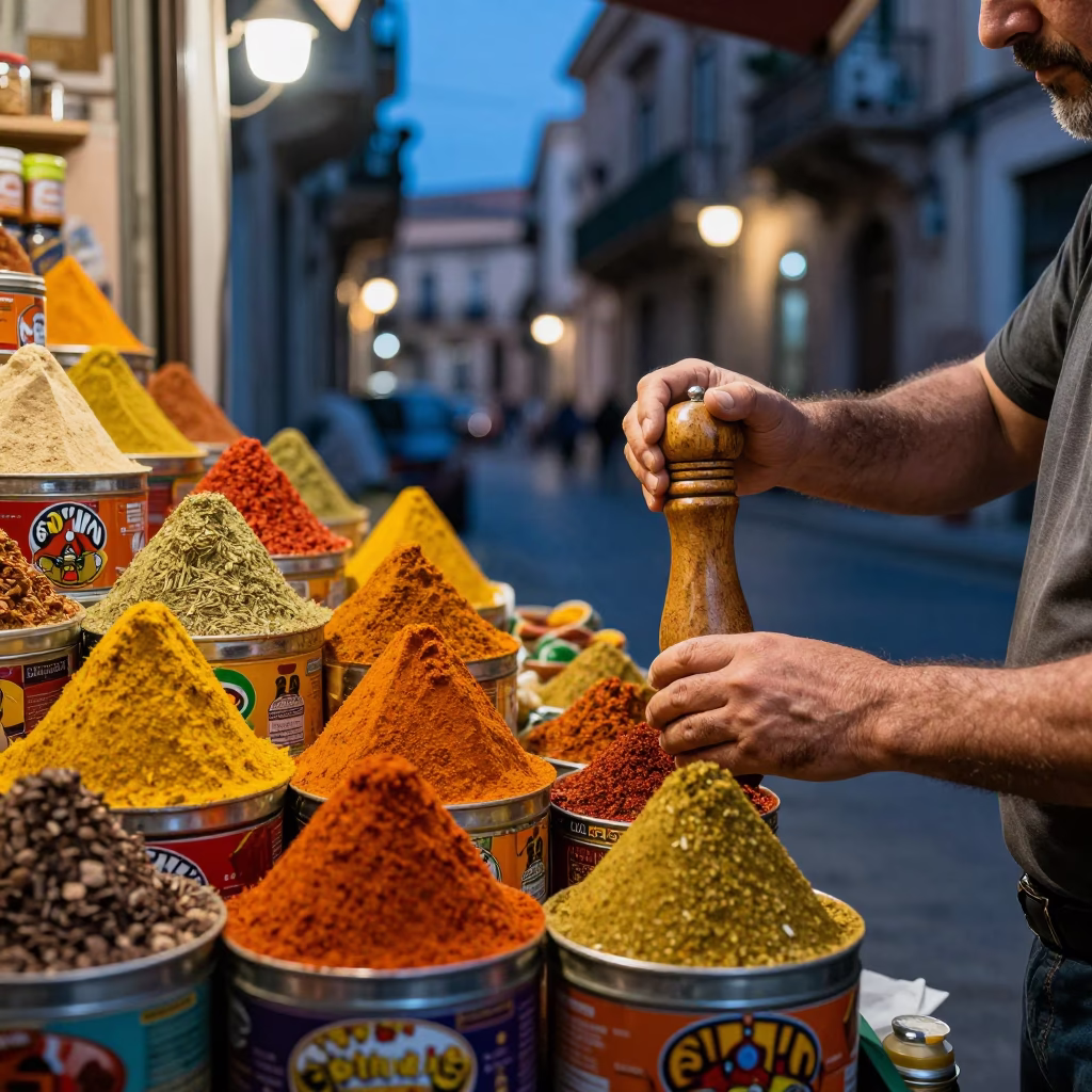 Palermo street vendor at dusk with spice tins and pepper mill in Sicilian market in in Palermo, Italy