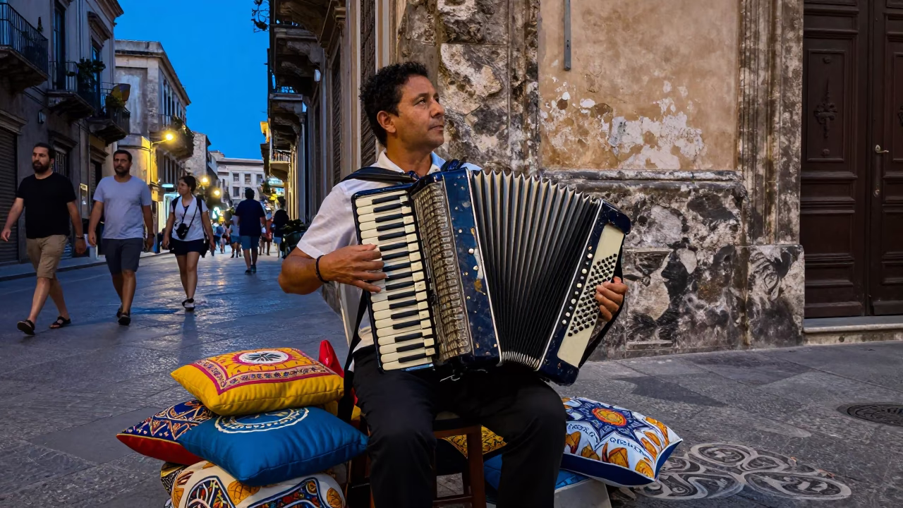 Palermo street vendor blue hour accordion player colorful cushions in in Palermo, Italy
