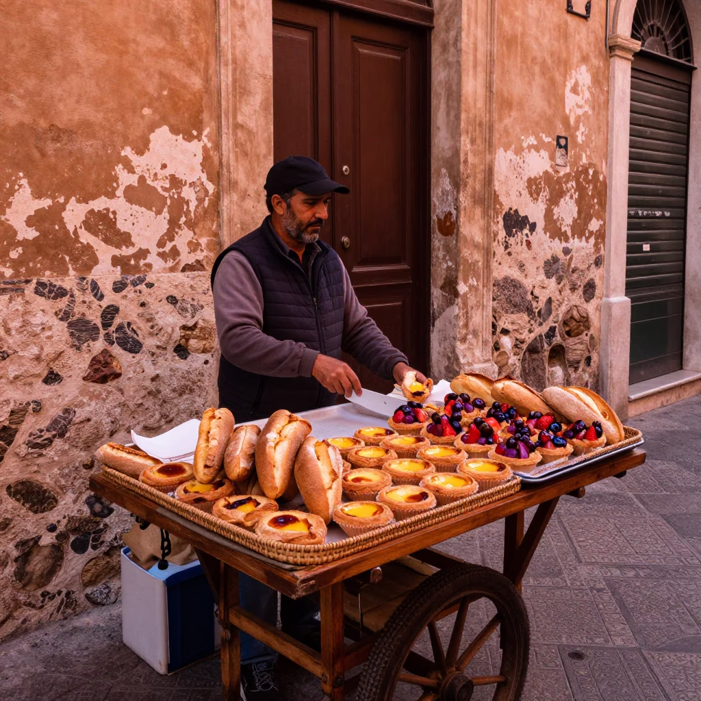 Palermo Street Vendor Selling Fresh Bread and Fruit Tarts in Copper Dusk Light in in Palermo, Italy
