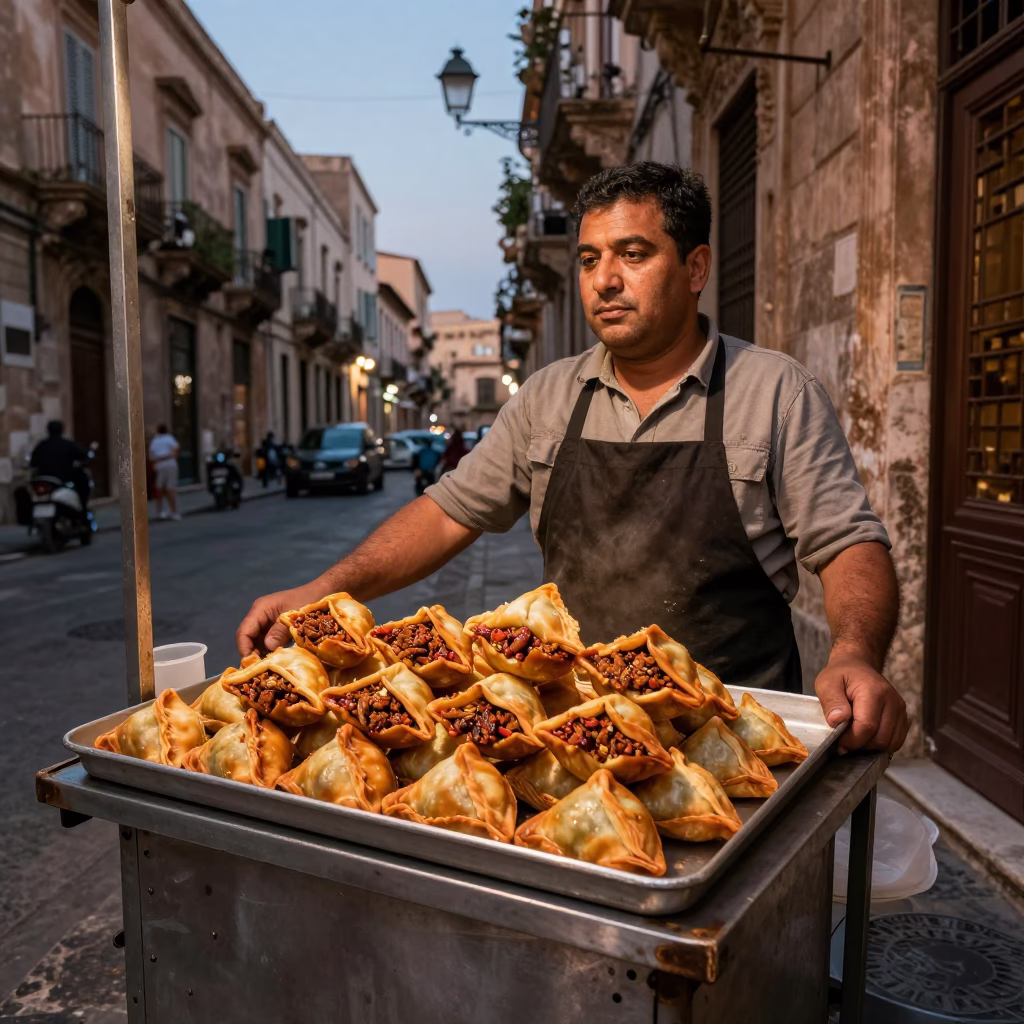 Palermo Street Vendor Serving Spiced Sambusa in Copper Dusk Light in in Palermo, Italy