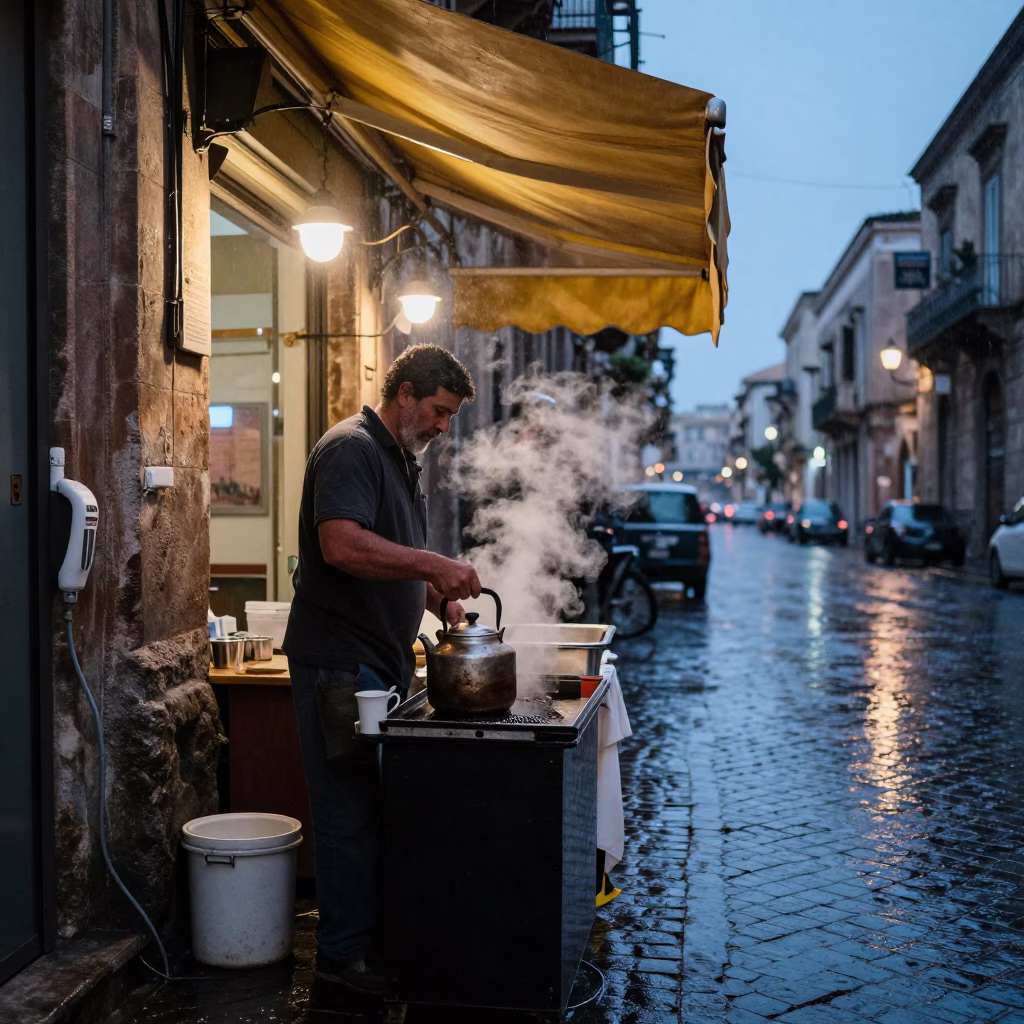 Palermo street vendor with stovetop kettle in light rain at dusk in in Palermo, Italy