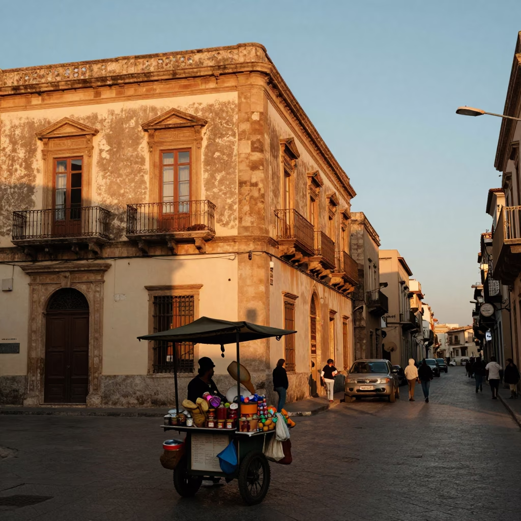 Palermo Sunset Street Scene with Olive Wood Spoon and Plant Pot in in Palermo, Italy