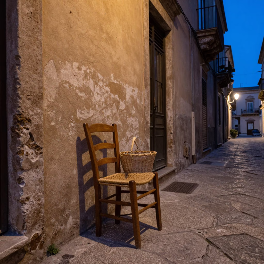 Palermo Twilight Street Scene with Ladder-Back Chair and Basket in Indigo Light in in Palermo, Italy