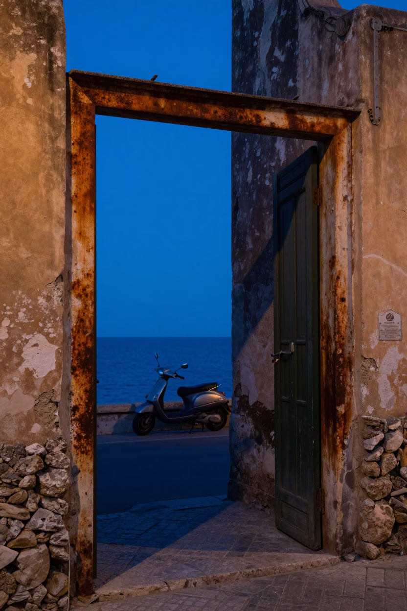 Palermo Twilight Street Scene with Scooter and Rusty Doorframe in in Palermo, Italy