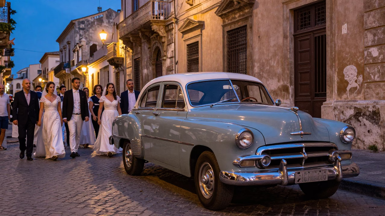 Palermo Twilight Street Scene with Vintage Car and Local Pedestrians in in Palermo, Italy