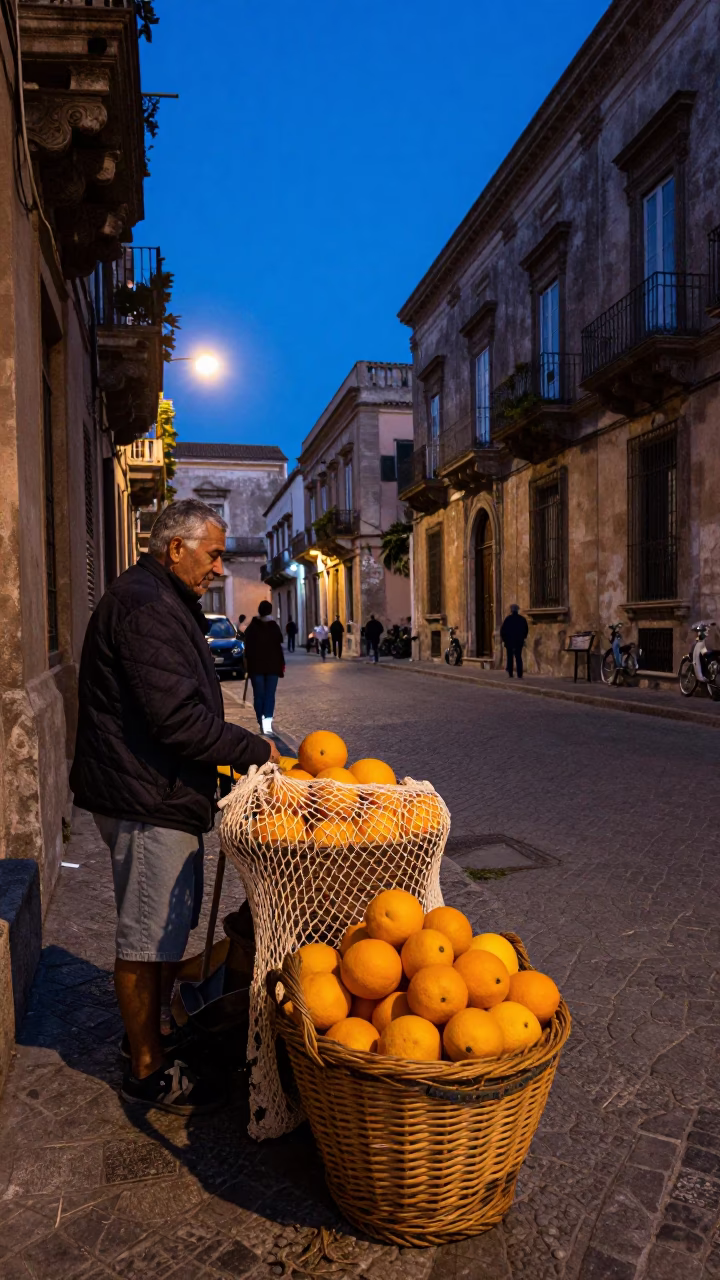 Palermo Twilight Street Scene with Woven Basket and Mesh Colander in in Palermo, Italy