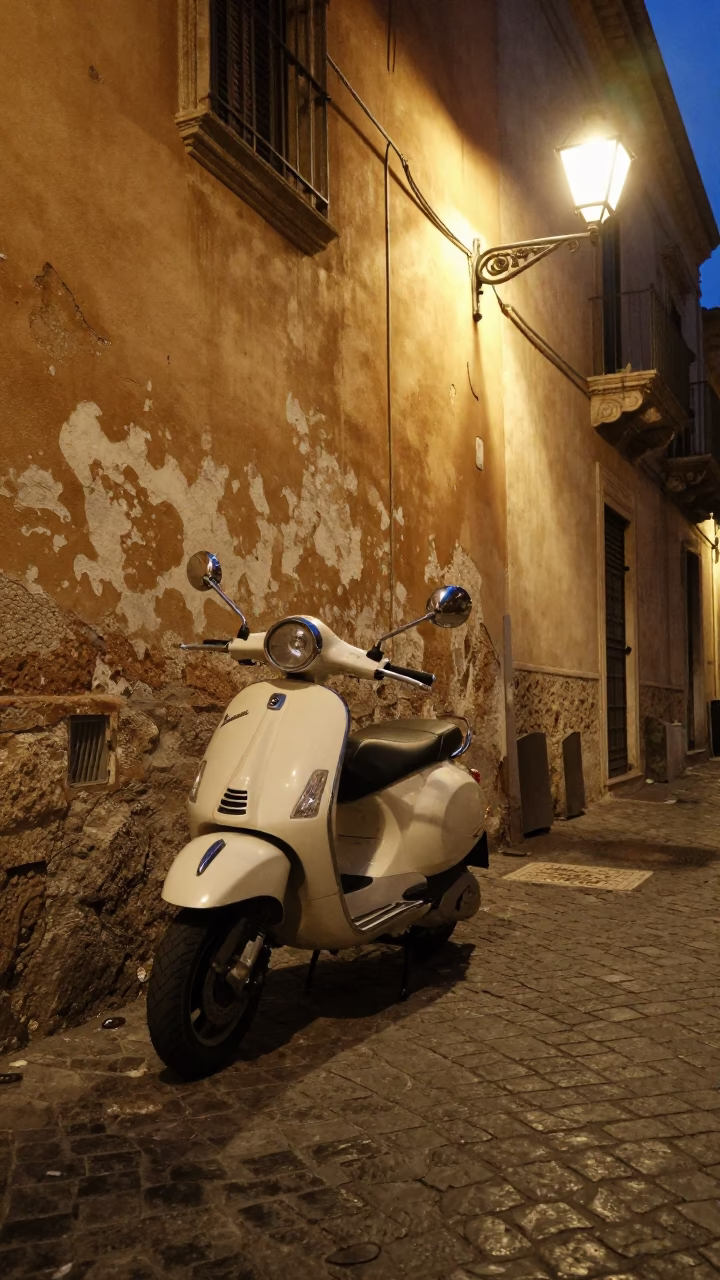 Palermo Vespa Parked at Late At Night Light in in Palermo, Italy