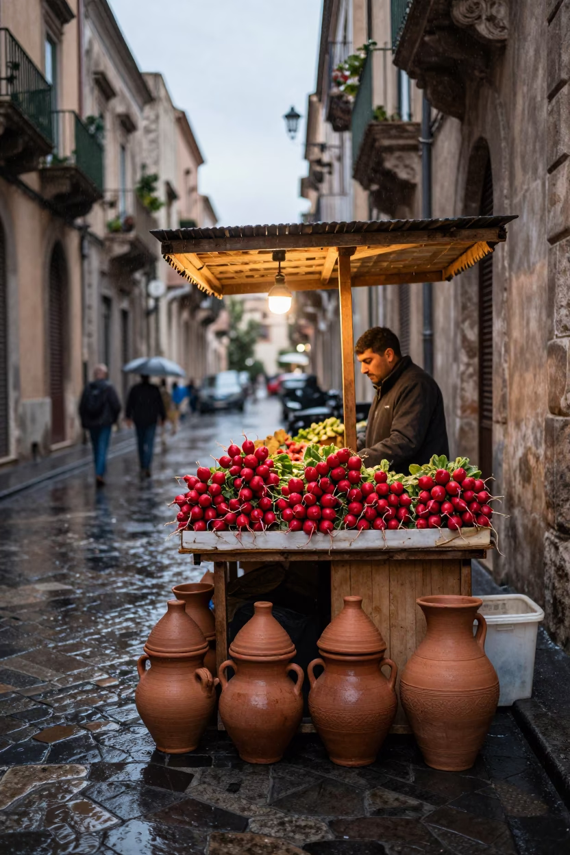 Palestinian Market Stall After Rain in Palermo with Clay Pots in in Palermo, Italy