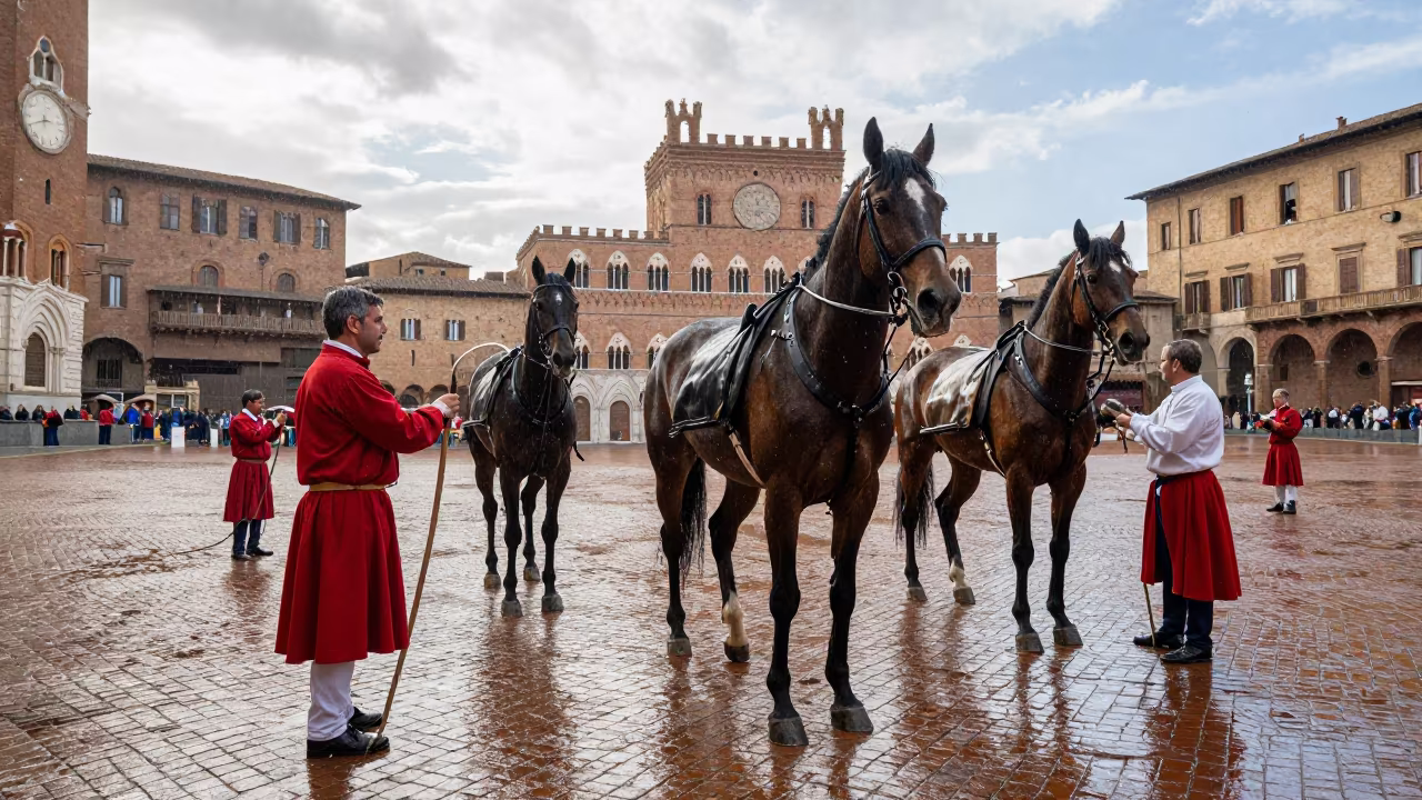 Palio Horse Ceremony in Rainy Siena Square in at a public square during a festival in Siena