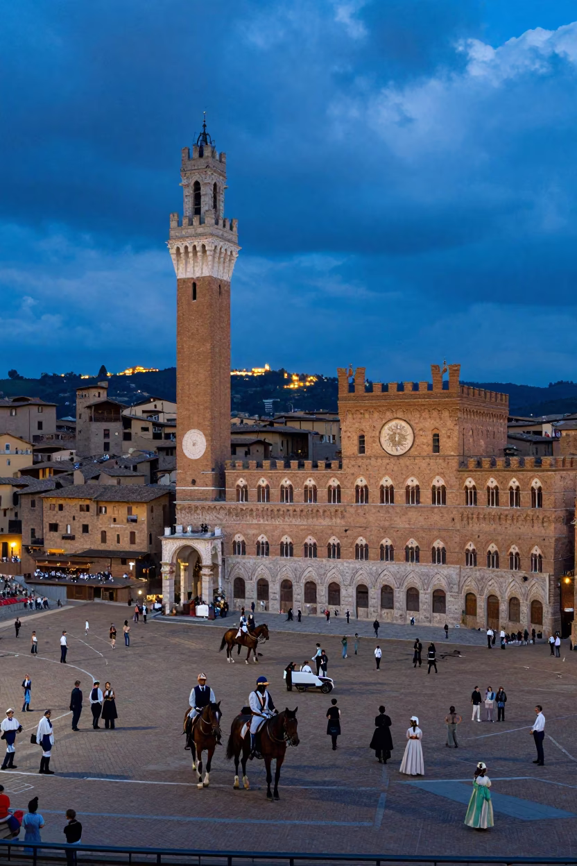 Palio Horse Race Ceremony in Siena Square at Blue Hour in at a public square during a festival near Siena