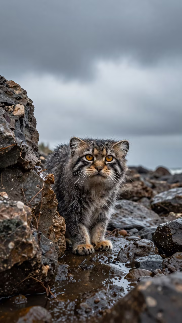 Pallas Cat in Rainy Crevice Near Guanajuato in beside a tidal inlet near Guanajuato