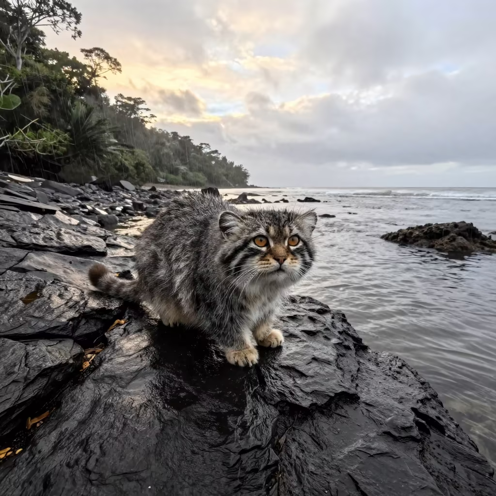 Pallas Cat on Ledge by Papua New Guinea Tidal Inlet in beside a tidal inlet in Papua New Guinea