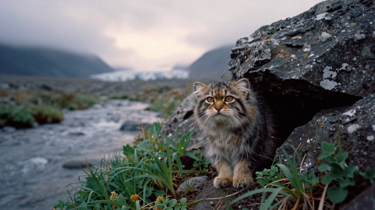 Pallas Cat Peeking from Rock at Dawn Stream in above a glacial stream near Hangzhou