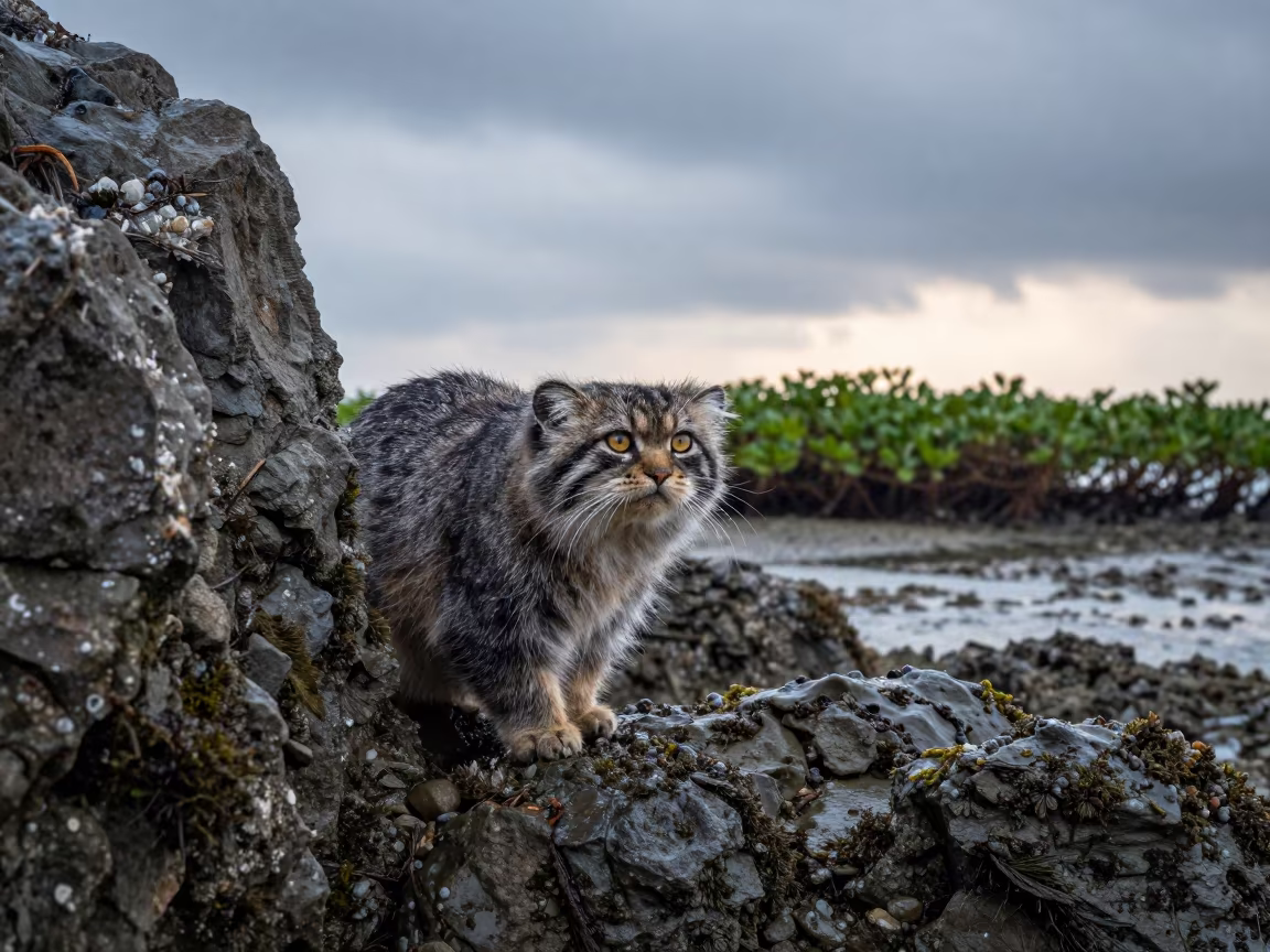 Pallas Cat Peeking from Rock at Kuala Lumpur Inlet in beside a tidal inlet near Kuala Lumpur