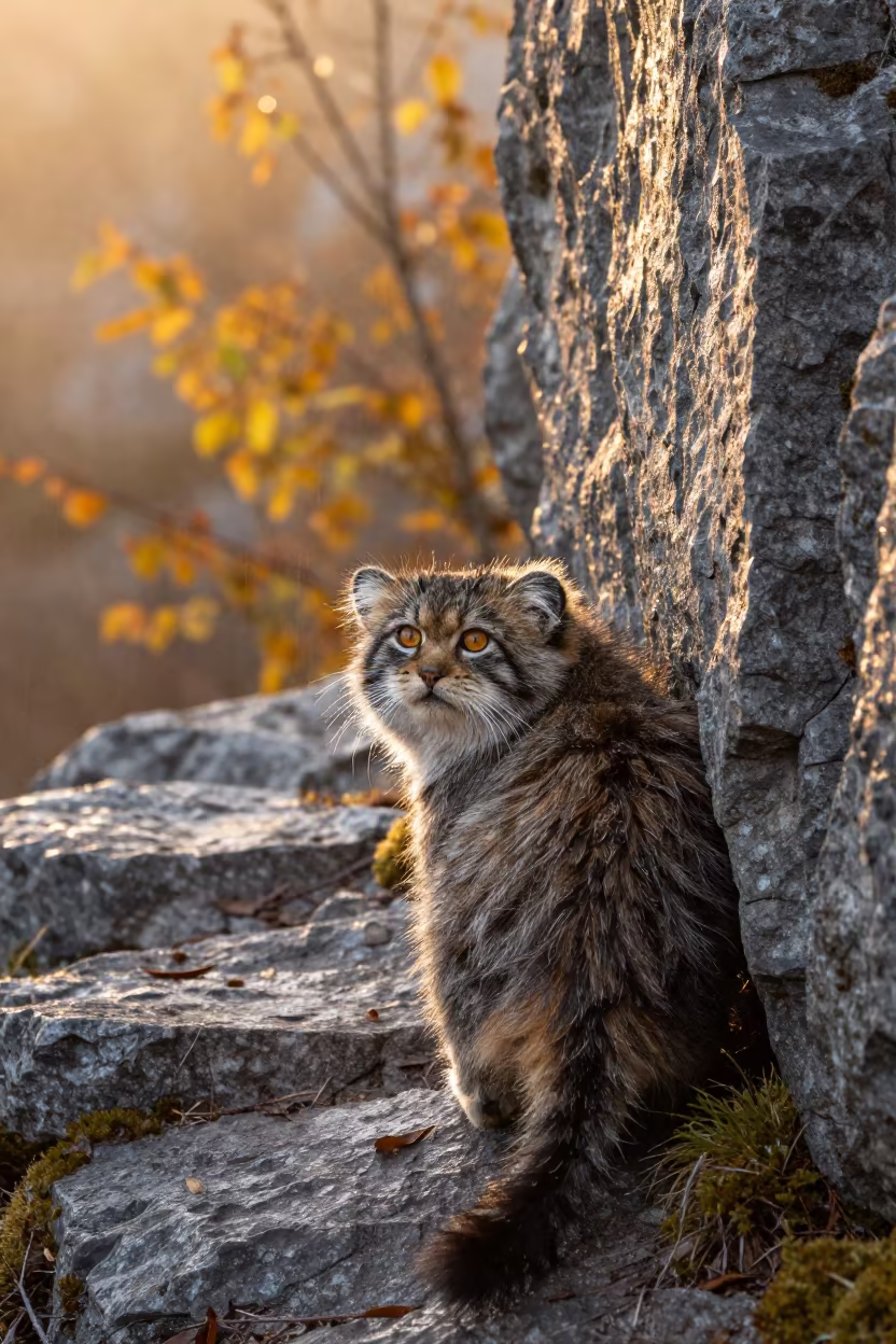 Pallas Cat Peeking from Rock at Sunrise in along a game trail near Stavanger