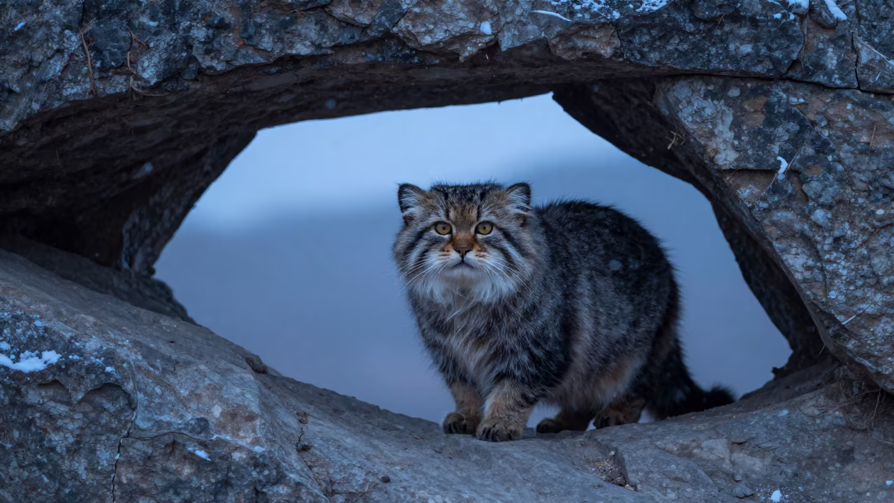 Pallas Cat Peering from Ledge in Blue Hour Twilight in in the Silk Road