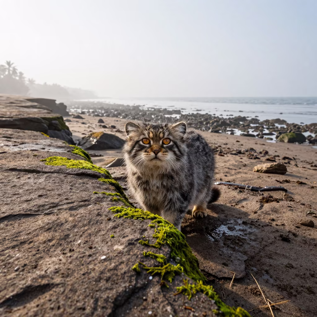 Pallas Cat Peering from Rocky Ledge Mist in beside a tidal inlet near Khartoum