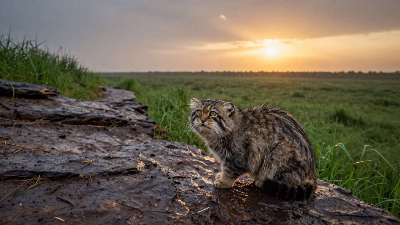 Pallas Cat Peering from Rocky Ledge at Sunset in along a game trail near Maradi