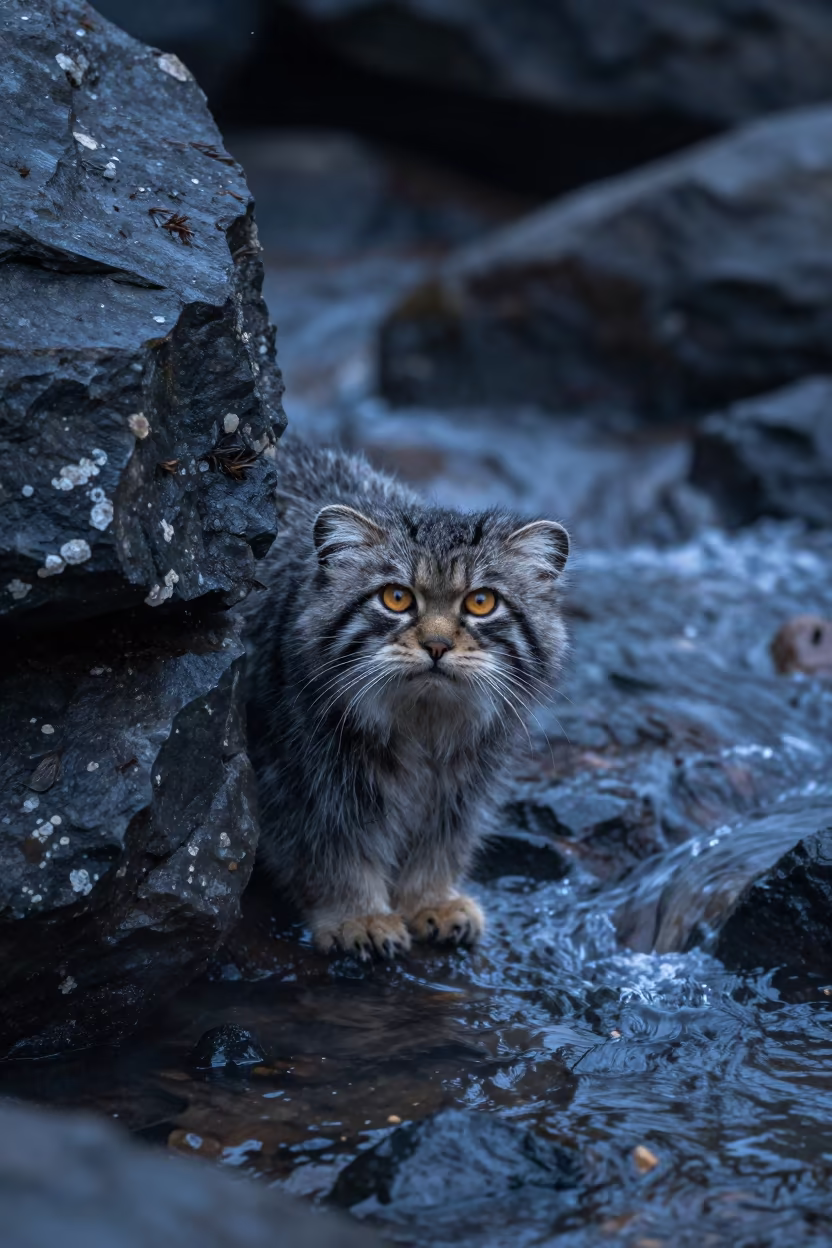 Pallas Cat in Rock Crevice Under Starlight in above a glacial stream near Ranchi