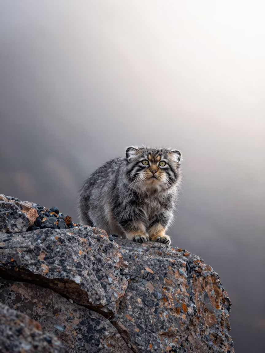 Pallas Cat on Rocky Ledge in Colorado Mist in in Colorado