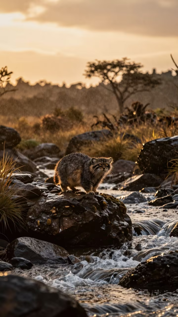 Pallas Cat Silhouette on Rocky Ledge in above a glacial stream in Burundi
