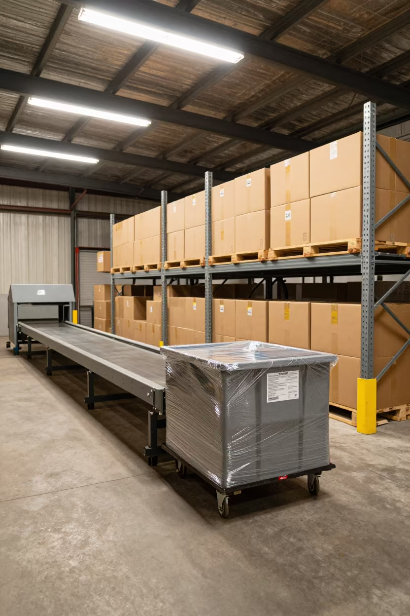 Pallet Clip Bin on Sorting Belt in Puebla Warehouse in at a parcel sorting belt near Puebla