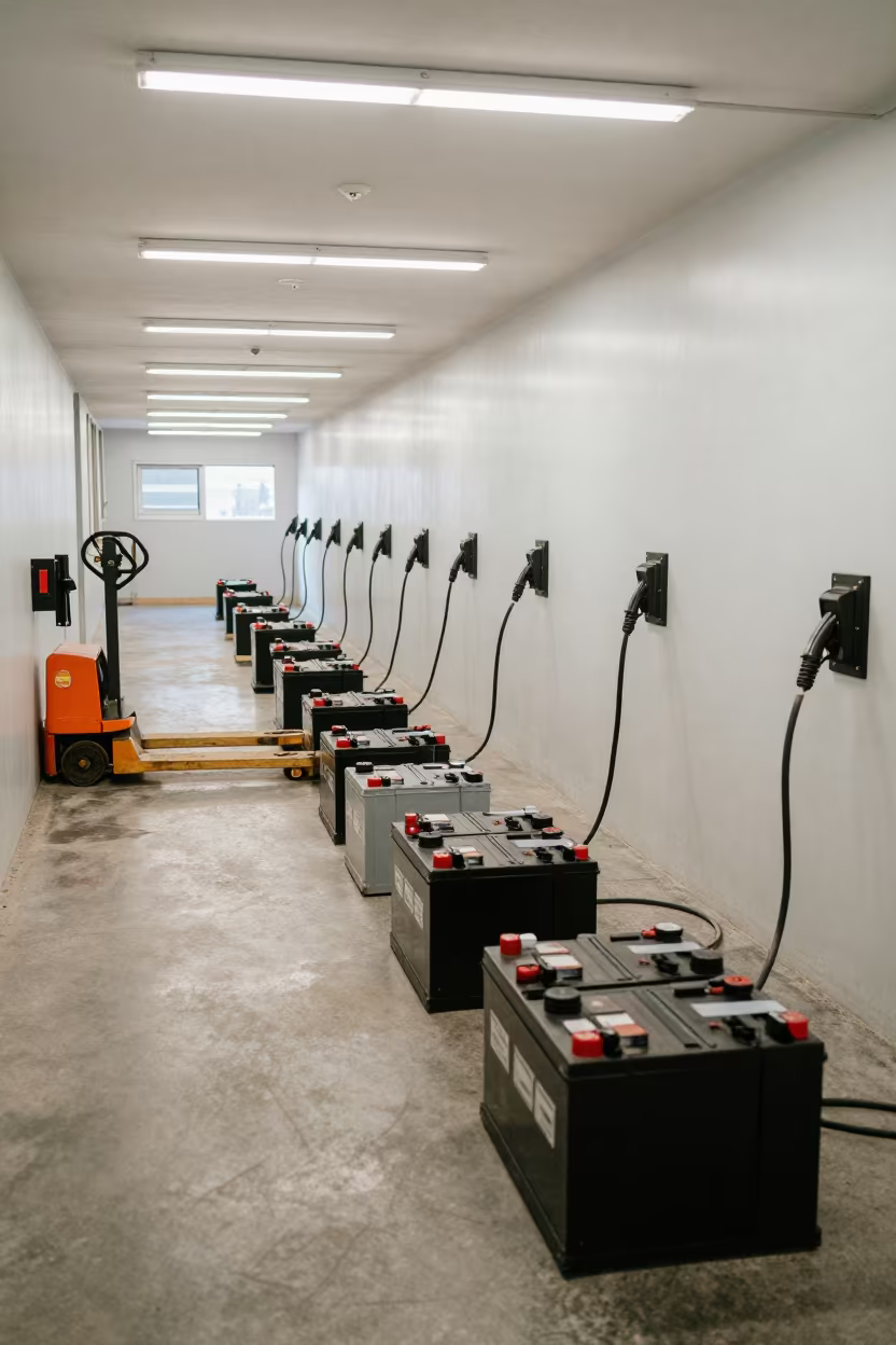Pallet Jack Battery Bay Under Noon Light in inside a cross-dock lane in Abidjan