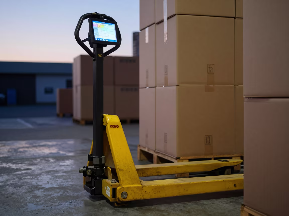 Pallet Jack at Dispatch Bay Twilight in inside a warehouse aisle in Johannesburg