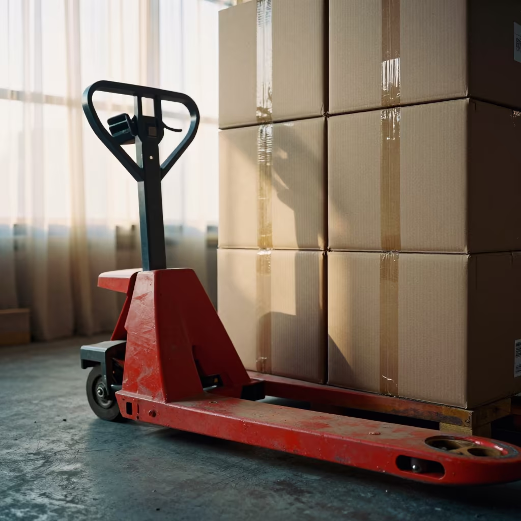 Pallet Jack Stacked Cartons Tripoli Warehouse in inside a warehouse aisle in Tripoli