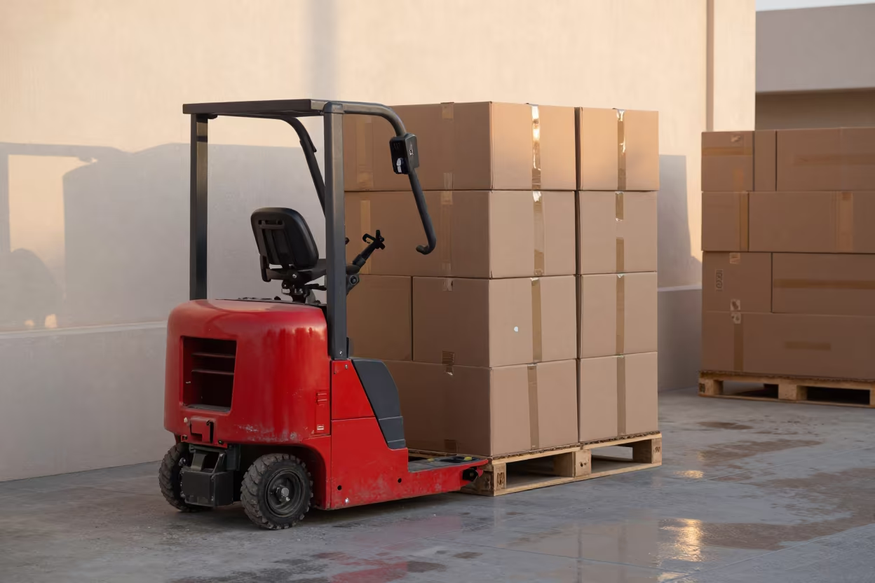 Pallet Jack Beside Stacked Cartons in Warehouse in inside a warehouse aisle near Riyadh