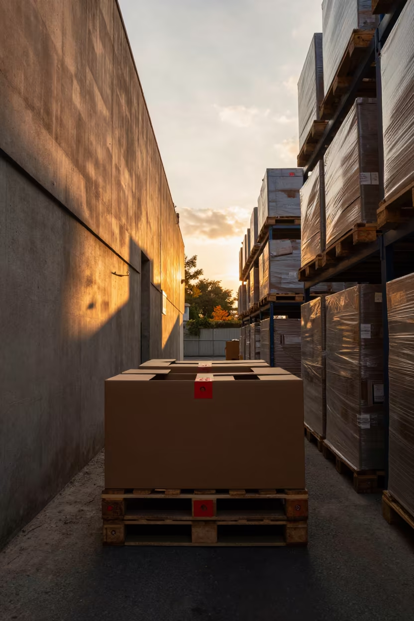 Pallet with Red Tags in Montevideo Warehouse Aisle in inside a warehouse aisle in Montevideo