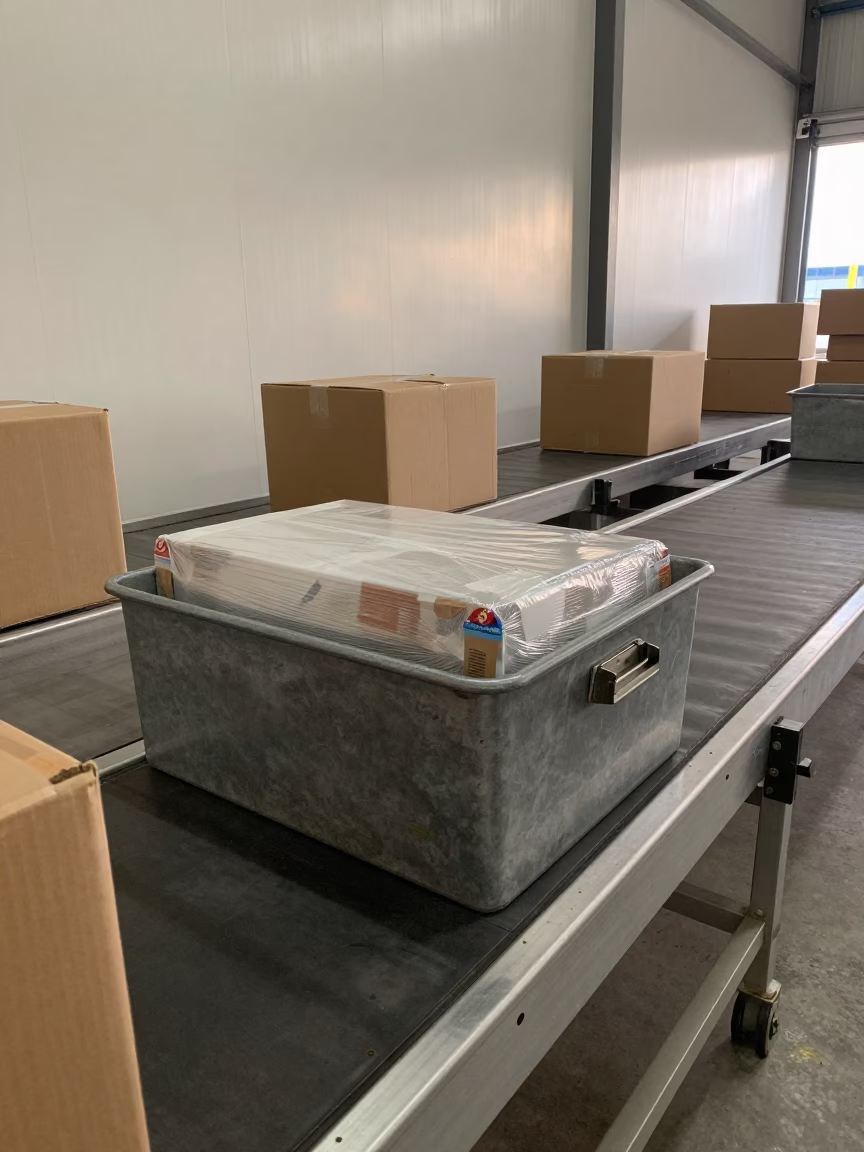 Pallet Wrap Clip Bin on Sorting Belt in Manaus in at a parcel sorting belt near Manaus