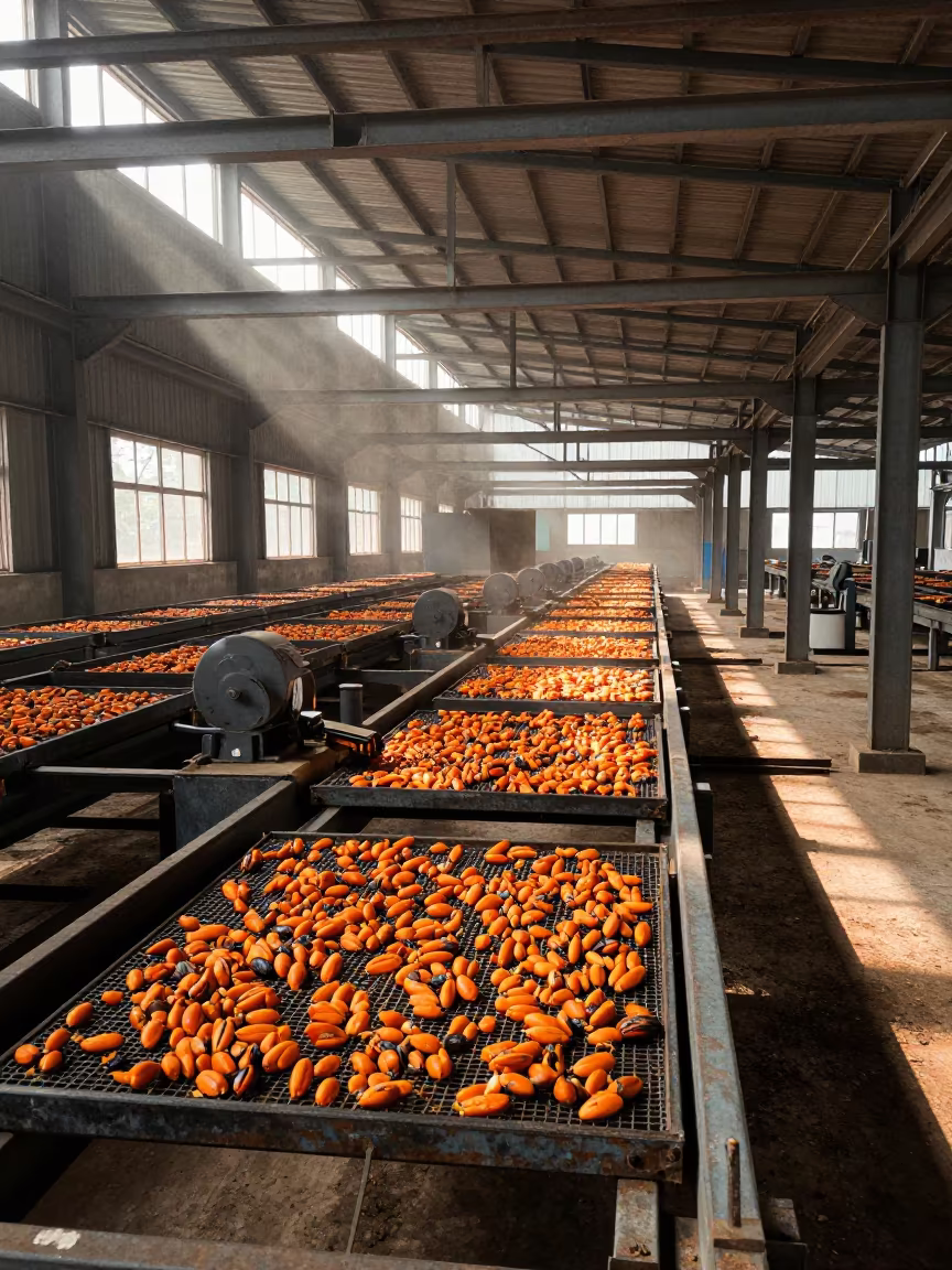 Palm Oil Mill Conveyor Drying Room West Bengal in inside a leaf-drying room lined with mesh trays in West Bengal