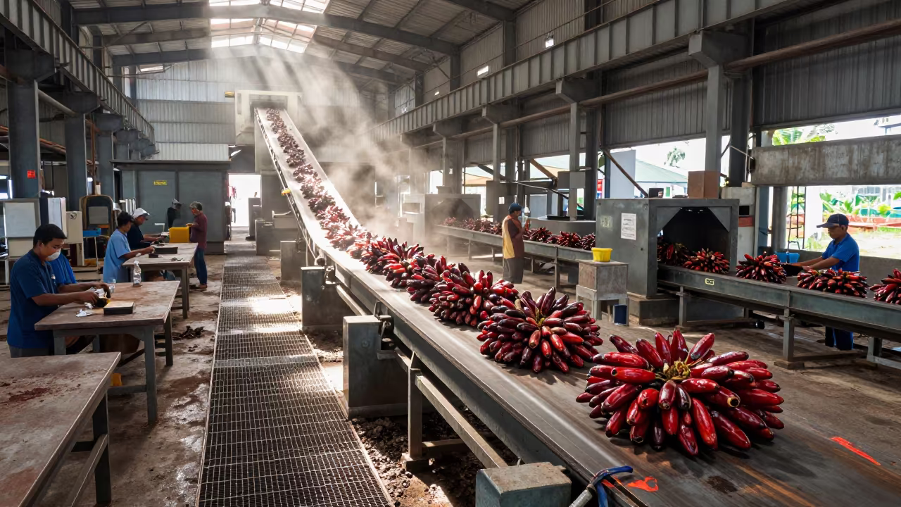 Palm Oil Mill Conveyor with Fruit in Denpasar in along a food-processing floor with sorting tables in Denpasar