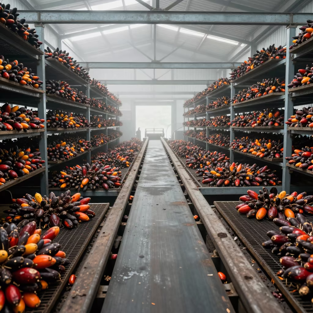 Palm Oil Mill Drying Room Conveyor Fruit in inside a leaf-drying room lined with mesh trays in Malaysia