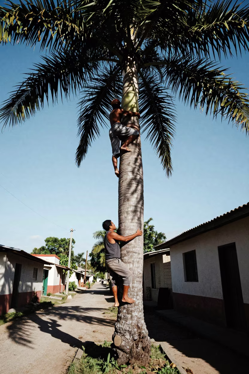 Palm Wine Tapper Climbing Tree in Salvador Village in in a village lane near Salvador