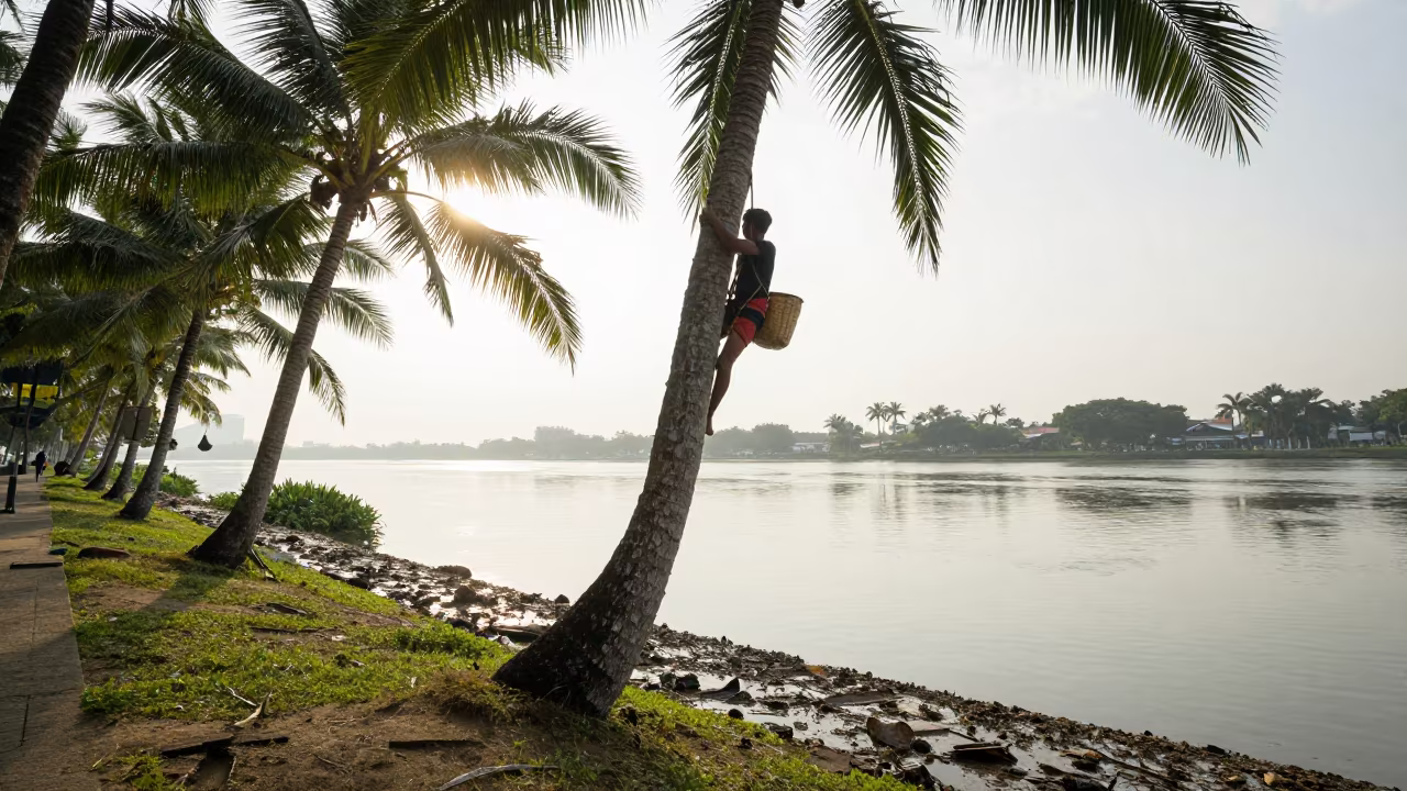 Palm Wine Tapper Climbing Tree Near Singapore River in by a riverbank near Singapore