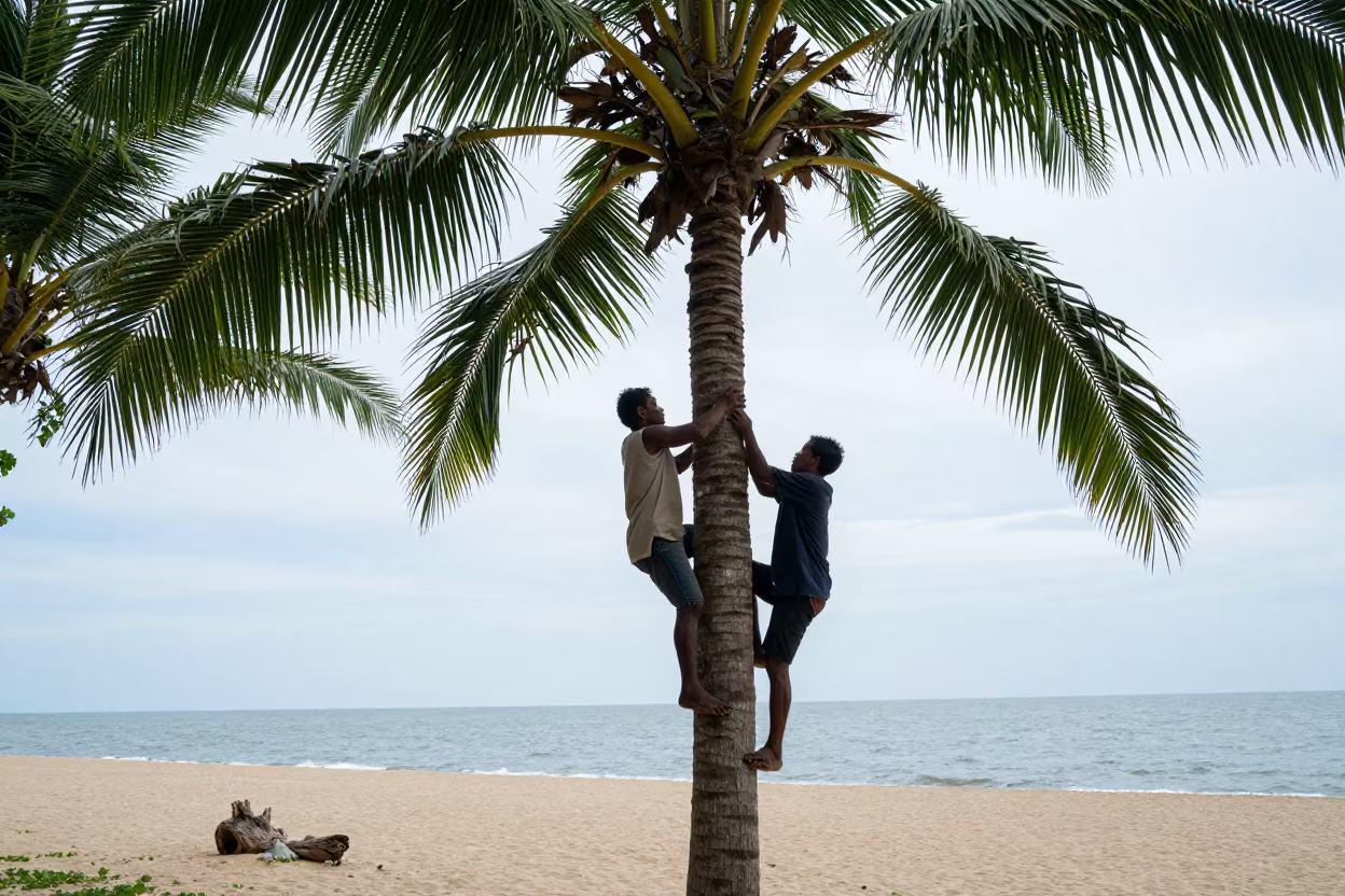 Palm Wine Tapper Climbs Tree Near Beach in along a beach near District 4, Ho Chi Minh City