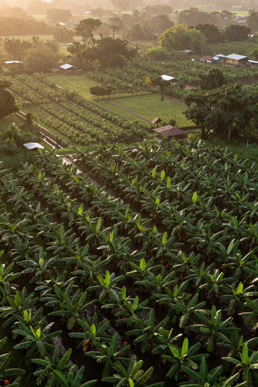 Panama Cocoa Banana Aerial Monsoon Evening in far above orchard blocks and irrigation lines in Panama