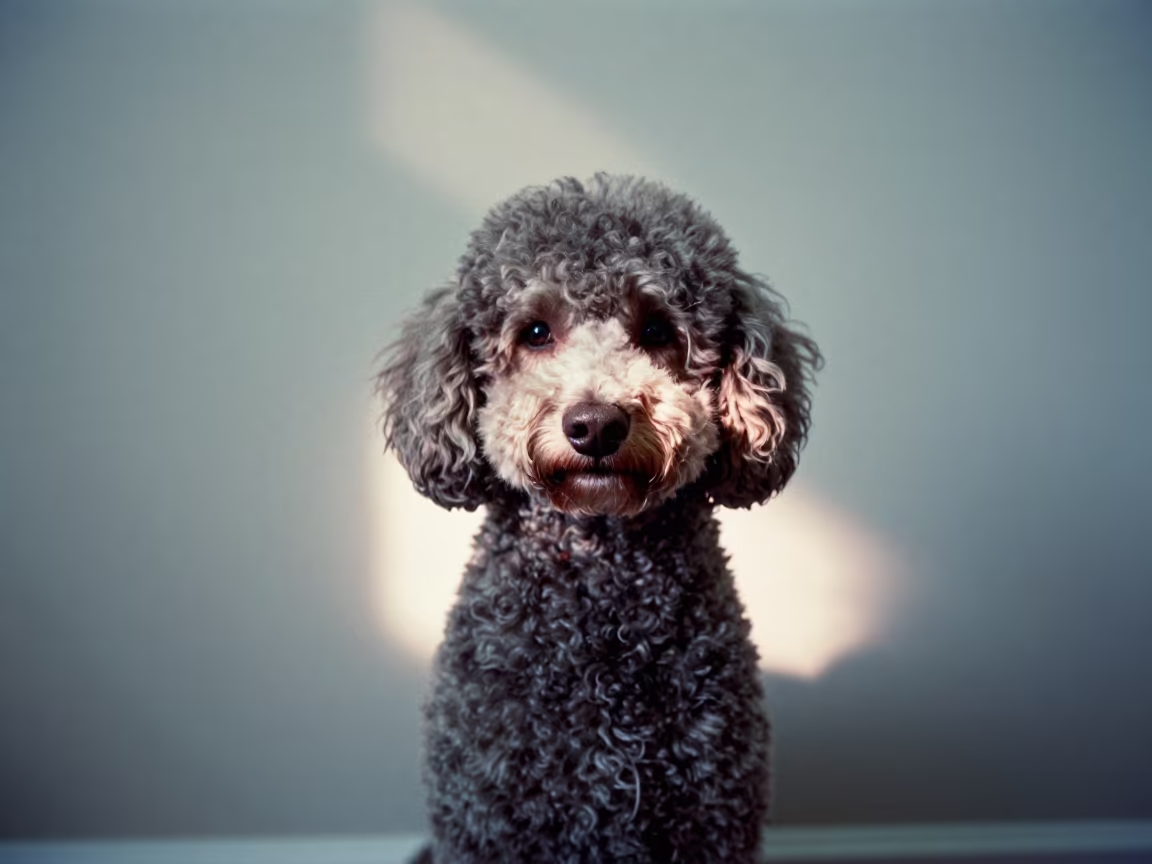 Panama Poodle Portrait in Neon Reflected Light in beside a plain plaster wall in soft indoor light with the animal centered in frame near Panama City